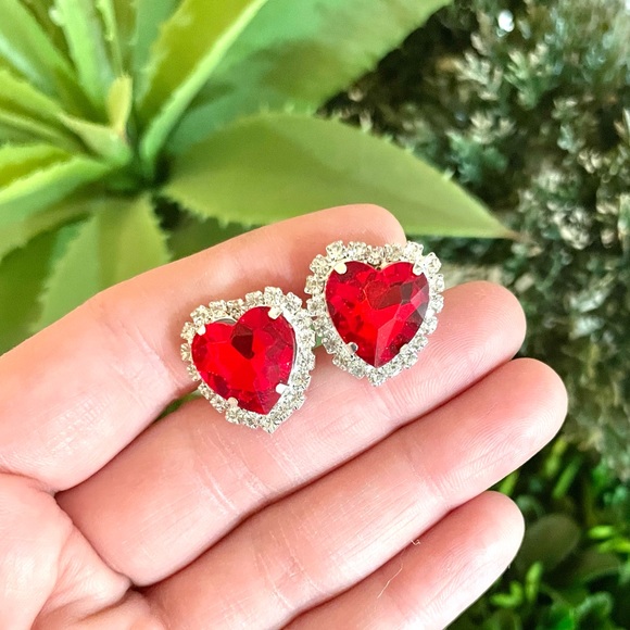 Cubic Zirconia Red Heart Stud Earrings - Picture 3 of 5